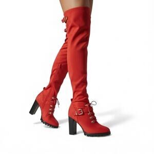 Shoedazzle Evadne Thigh Boot Sz 9 Red Faux Suede Over Knee OTK Lug Sole 4" Heel